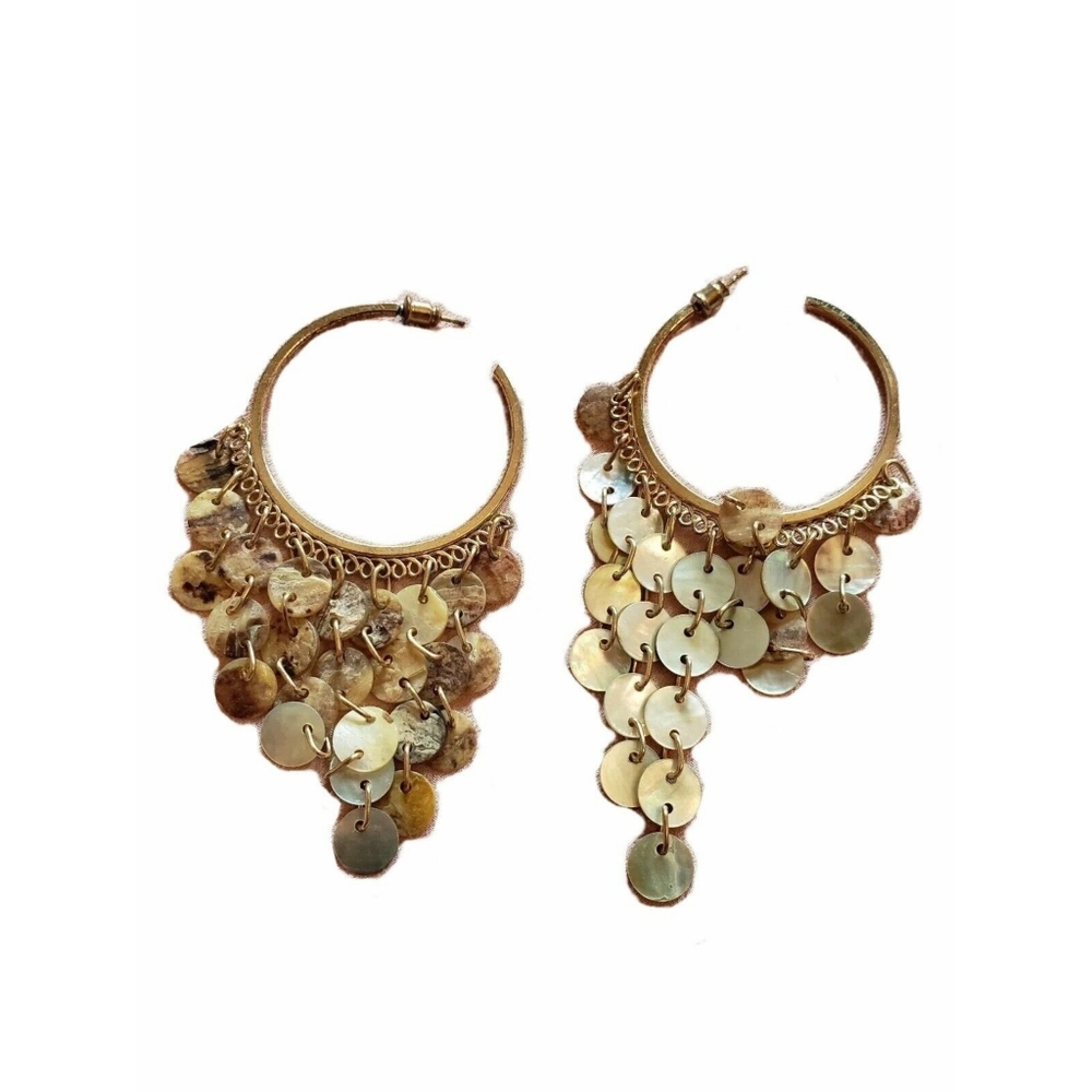 Goldtone Pearl Abalone Shell Mermaid Waterfall Strands Dangle Drop Hoop Earrings